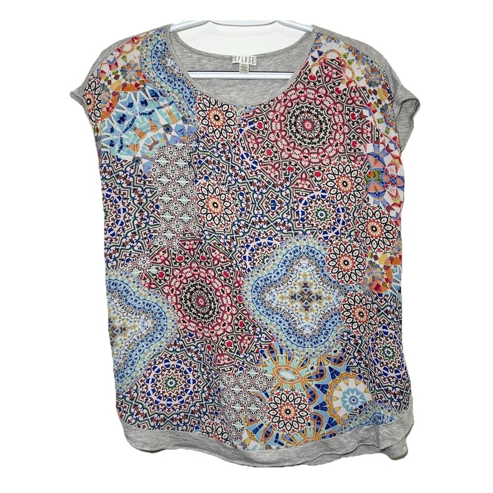 Spense M Gray Mosaic Tile Print Mixed Media Top Short Sleeve Boho